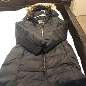 Hooded faux fur knee length winter coat